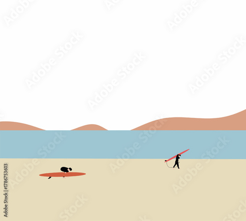 Surfer in wetsuit enjoying with his surfboard on the beach. Summer water sport or extreme workout.