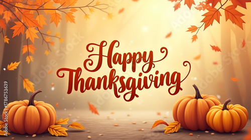 Thanksgiving vector design, with a smooth brown blurred background and soft focus lighting, showcasing Happy Thanksgiving text in modern calligraphy or serif font, ideal for web headers