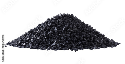 A pile of black granular material isolated on transparent background, possibly representing activated carbon, coal, or another similar substance