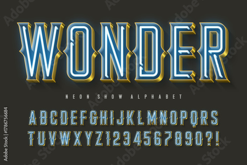 Retro neon alphabet design, cabaret, fairy Broadway lamps letters and numbers.