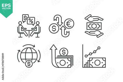 Set Of Investment Line Icons. Contains such icons as Business Strategy, Stock Market, Loan, Wealth, Financial Advisor, Currency Exchange, Financial Strategy, Savings, Credit Score, Capital, Banking, P