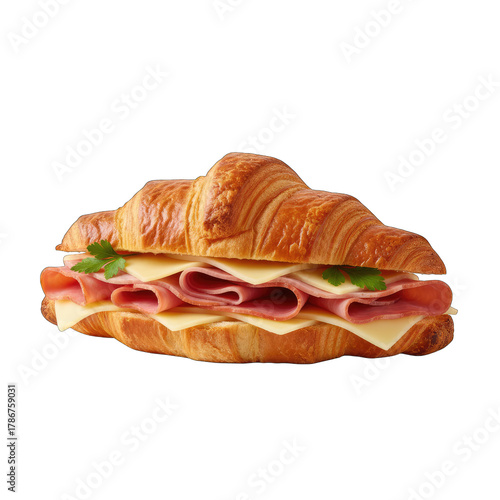 Golden Baked Croissant Sandwich With Ham Cheese And Parsley Isolated On Black Background With Transparent Background Effect And Studio Lighting