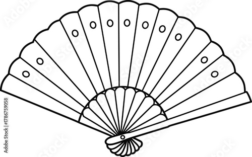 Handheld folding fan, traditional fan illustration, black and white line art, cultural accessory, vintage cooling tool, decorative fan design, vector drawing