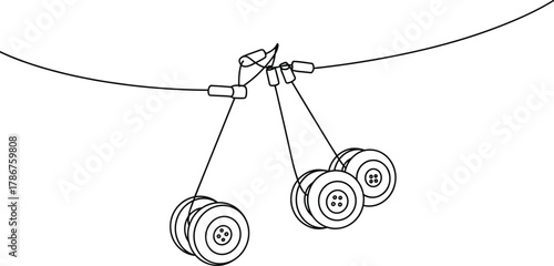 Pulley system illustration, mechanical setup, cable suspension, engineering concept, tension distribution, industrial design, vector sketch, physics principle, isolated drawing