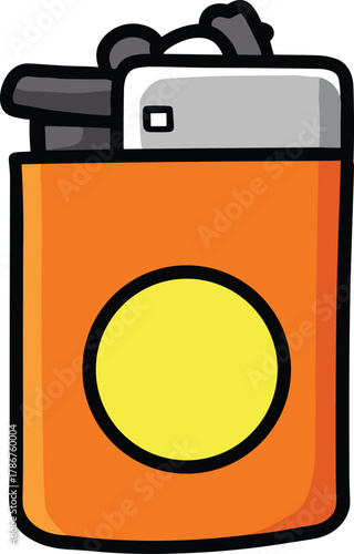 Cartoon lighter illustration, orange body, yellow circle design, metallic top, ignition wheel, bold outline, vector sketch, everyday object, isolated graphic