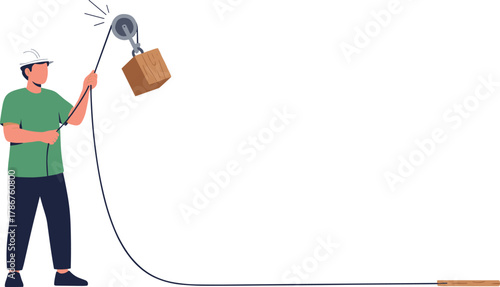 Pulley system operation, safety helmet, lifting wooden box, mechanical advantage, rope tension, physics concept, engineering tool, simple machine, effort reduction