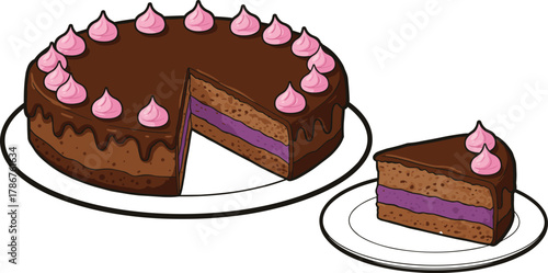 Chocolate cake slice, layered dessert, purple filling, pink frosting, sweet treat, bakery style, celebration food, gourmet icing, delicious pastry, cocoa sponge