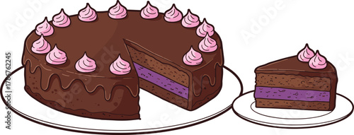 PrintChocolate layer cake, pink frosting, purple filling, dessert slice, gourmet treat, sweet pastry, celebration food, icing drip, sponge layers, bakery style
