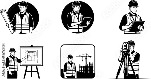 Civil engineer, Civil engineer silhouette, Site engineer silhouette, Engineer, Site engineer, Civil engineer vector illustration set