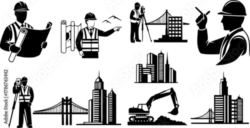 Civil engineer, Civil engineer silhouette, Site engineer silhouette, Engineer, Site engineer, Civil engineer vector illustration set