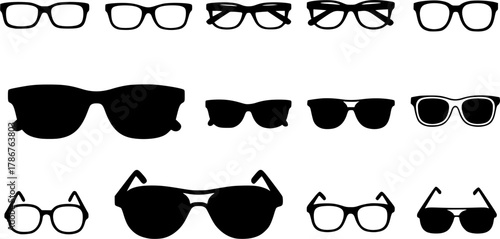 Eyeglasses silhouette, Glasses silhouette, Eyeglasses, Glasses, Sunglasses silhouette, Sunglasses, Eyeglasses clipart, Eyeglasses icon, Eyeglasses vector illustration set