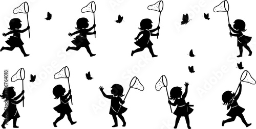 Little girl catching butterflies, Little girl catching butterflies silhouette, Girl catching butterfly drawing, Child with butterfly net, Kids catching butterflies silhouette set