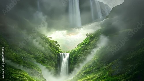 Misty mountain waterfall scene