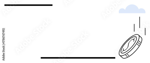 Coin falling from a cloud, minimalist design with simple lines. Ideal for finance, savings, investment, economy, risk, revenue and income themes. Clean and simple flat metaphor