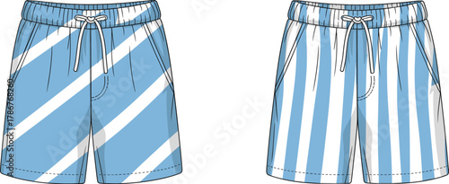 Summer beach shorts design, blue and white striped swim trunks, flat vector fashion illustration, trendy men’s swimwear, casual apparel template