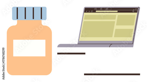 Medicine bottle next to laptop with open web browser interface. Ideal for e-commerce, healthcare, medical services, delivery, pharmacy, online shopping, technology. Simple flat metaphor
