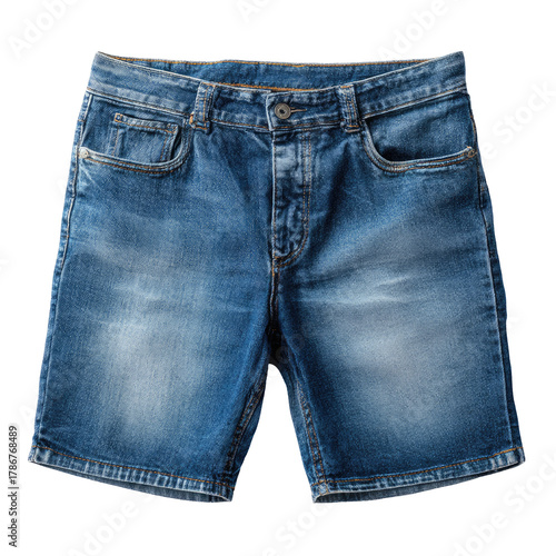 Blue denim shorts; casual summer wear on a black background