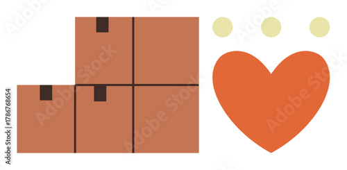 Stacked cardboard boxes paired with a heart and circles emphasizing love, organization, and delivery. Ideal for logistics, charity, teamwork, storage, e-commerce, sustainability simple flat metaphor