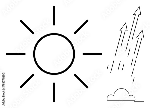Sun with radiating rays next to arrows rising from a cloud. Ideal for energy, growth, sustainability, optimism, innovation, progress, natural resources concepts in a simple flat metaphor