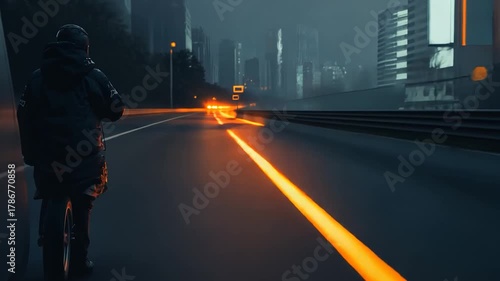 City road at night, person on bike