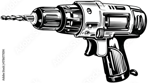 Cordless power drill with bit, vintage black and white illustration. Electric hand tool for DIY, construction, repair, and carpentry projects.