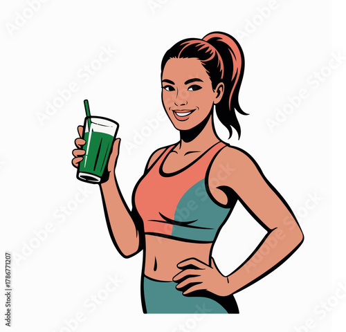 Woman in athletic wear holding green smoothie with straw vector.