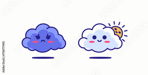 Cartoon vector illustration showing two clouds with expressive faces one sad purple cloud and one happy white cloud with a smiling sun peeking behind represents emotions, weather for icon or sticker