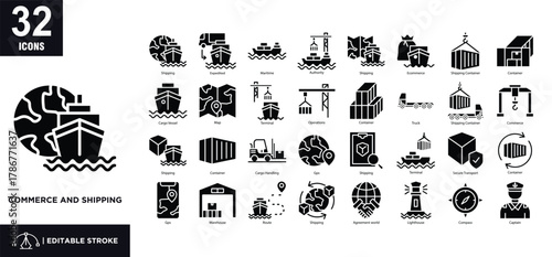 Commerce and shipping glyph icon set