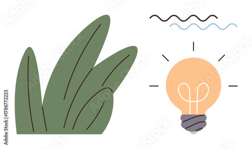 Green leaves and radiant light bulb with wavy lines illustrate creativity, sustainability, eco-consciousness, energy efficiency, innovative thinking, environmental awareness, and clean energy. Ideal