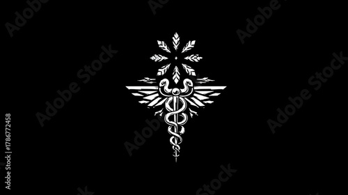 Elegant silver medical symbol: intertwined serpents, wings, and ornate starburst on black background. Healthcare, wellness, classic emblem design.