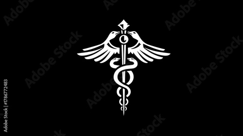 White Caduceus symbol with entwined snakes and wings on black background, medical healthcare icon, pharmacy, professional graphic.
