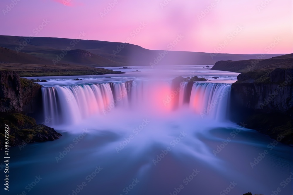Obraz premium Majestic waterfall at sunset, ethereal light paints the sky and water in shades of pink and purple, serene natural beauty.