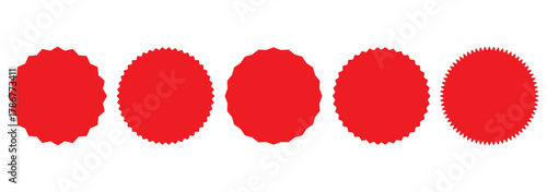 Set of red starburst. Price sticker, sale sticker, price tag, starburst, quality mark, retro stars, sale. Circle sticker set. Wavy edge promo red badges. Star burst shape tags for price. Red sale