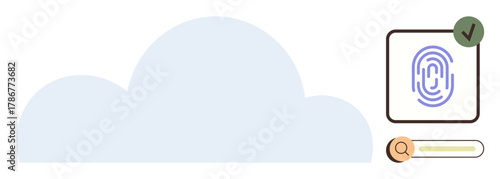 Cloud storage connected to fingerprint verification with security check and search bar. Ideal for cybersecurity, digital identity, cloud data, safe storage, secure access, authentication, encryption
