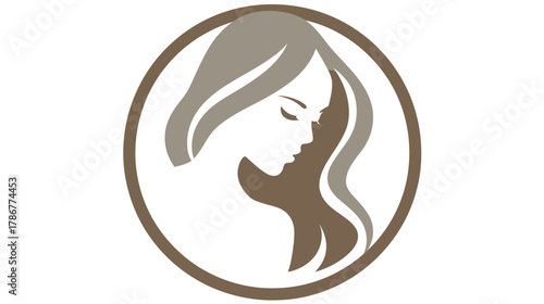 Stylized elegant woman profile with long flowing hair in a circular frame. Concept for beauty, wellness, and hair care.