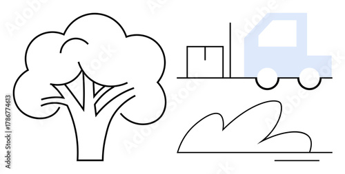 Truck carrying goods near tree and bush representing eco-friendly transport and nature preservation. Ideal for sustainability, transportation, logistics, environment, ecology, shipping, green