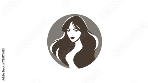 Elegant woman portrait illustration, vintage style graphic design, beautiful female face with long flowing hair in a circular frame.