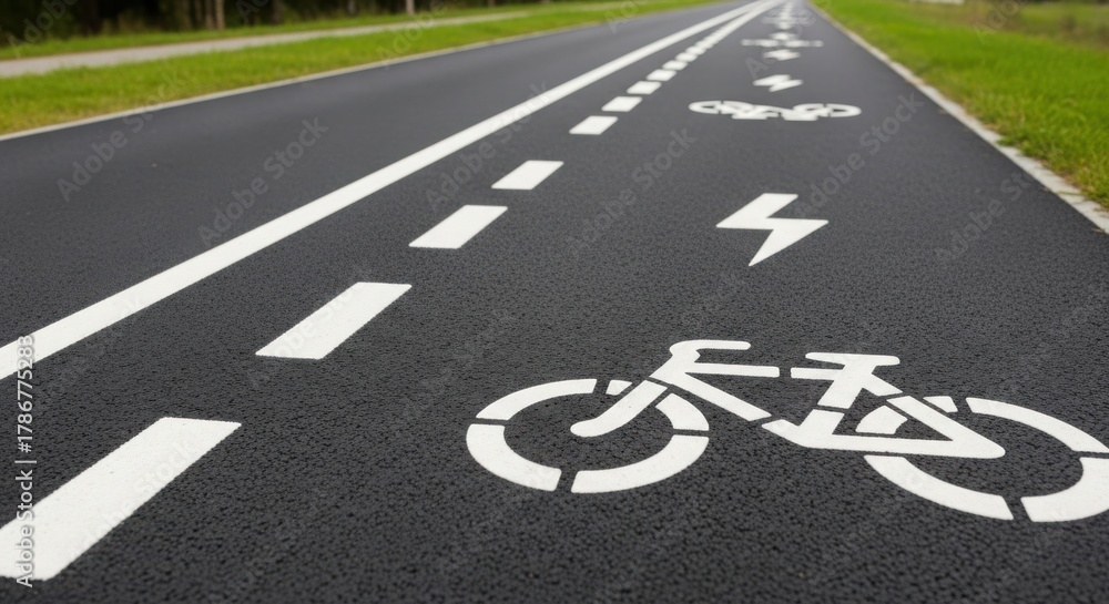 Obraz premium Cycle path marked for bicycles, including symbols for electric bikes, is seen on roadway. Cycle path markings ensure safety and organization for cyclists using roadway.