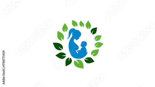 Mother and Baby Silhouette Logo Design encircled by Green Leaves, Symbolizing Natural Care, Health, and Family Well-being