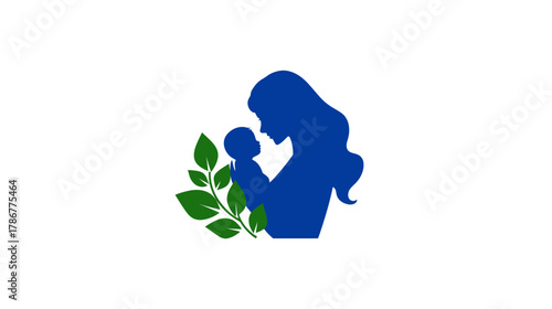 Mother and baby silhouette icon with green leaves, symbolizing maternal love, nurture, health, family, and natural growth.