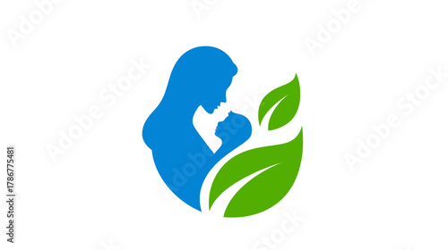Maternity and natural child care concept with mother, baby, and green leaves logo design for wellness.