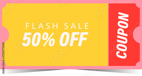 Flash sale 50% off discount coupon banner yellow and red design