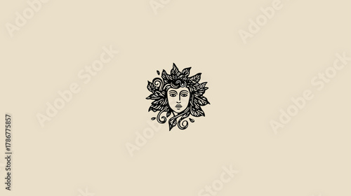 Intricate illustration of a woman's face surrounded by lush leaves and natural elements, vintage-inspired botanical graphic design