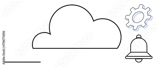 Cloud outline with a bell and gear icon representing digital connection, notifications, system settings. Ideal for technology, data management, online storage, system alerts, software updates