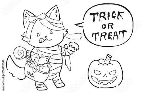 ミイラ男の仮装をした狼(犬)のゆるかわいいハロウィンイラスト（線画）