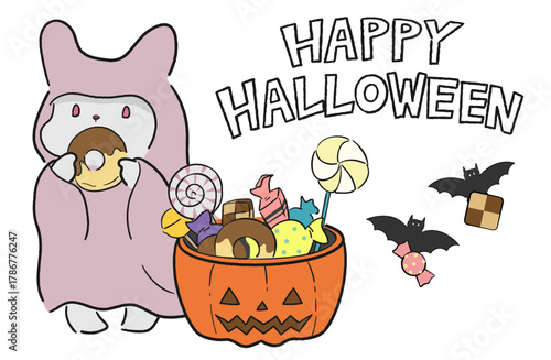 お化けの仮装をしてドーナツを食べるウサギのゆるかわいいハロウィンイラスト