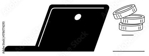 Laptop with stacked coins symbolizing digital finance, online earnings, and economic growth. Ideal for technology, business, finances, ecommerce, remote work, fintech education simple flat metaphor