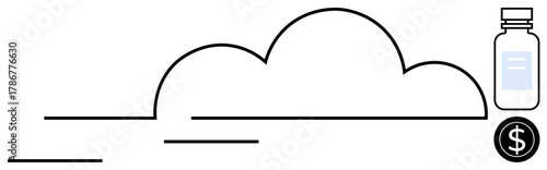 Abstract cloud figure paired with a medicine bottle and dollar coin. Ideal for technology, cloud storage, health innovations, finance, cost-saving, data solutions, healthcare economy. A simple flat