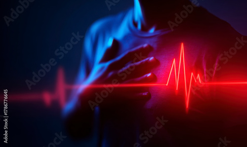 Hand over heart with red heart beat line, shows heart issues and pain.