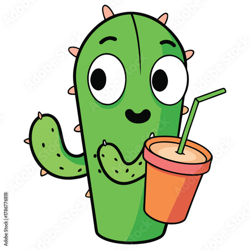 Cartoon Cactus Character Drinking Soda Illustration on White Background